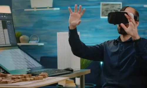 Engineer interacting with advanced AI-powered immersive systems designed for enterprise-scale innovation and intelligent system development