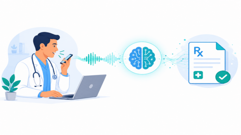 AI voice prescription system showing a doctor speaking to an AI-powered prescription interface