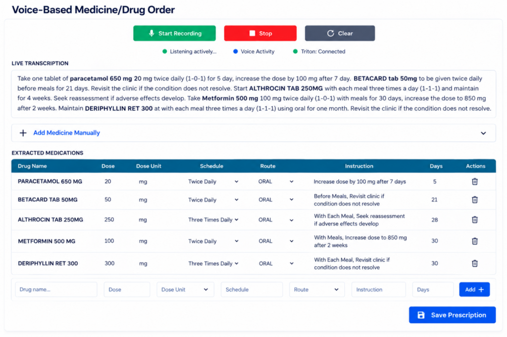 AI voice-based medicine ordering system showing structured prescription data